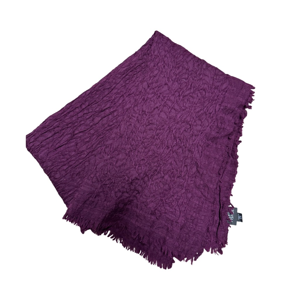 Eileen Fisher 100% Wool Crinkle Texture Scarf Purple Raw Fringe One Size O/S